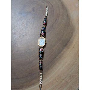 Vtg Chaika (ЧАЙКА) Quartz Watch Gold Tone, Hand Painted Russian Floral Bracelet